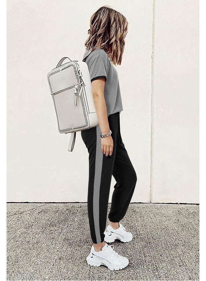 MASCOMODA Womens 2 Piece Outfits 2026 Summer Tracksuit Sets Short Sleeve Tops Travel Long Pants Jogger Lounge Set, Grey Black, M - Image 4