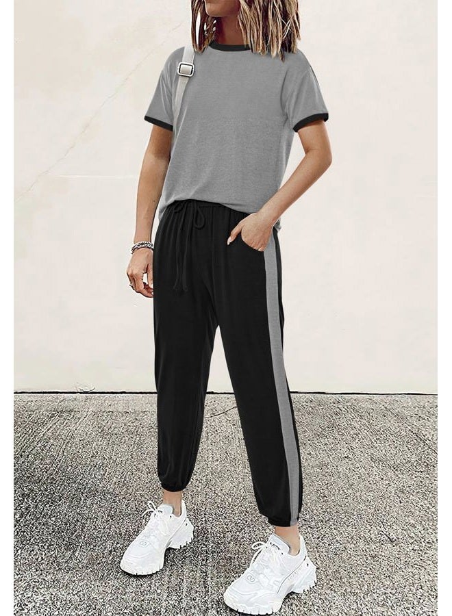 MASCOMODA Womens 2 Piece Outfits 2026 Summer Tracksuit Sets Short Sleeve Tops Travel Long Pants Jogger Lounge Set, Grey Black, M - Image 3