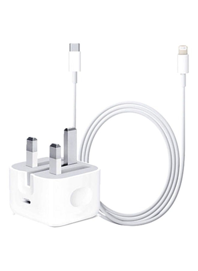 شاحن آيفون 13/14 برو ماكس بمنفذ USB-C 25 وات أبيض مع كابل أبيض أبيض - Image 1