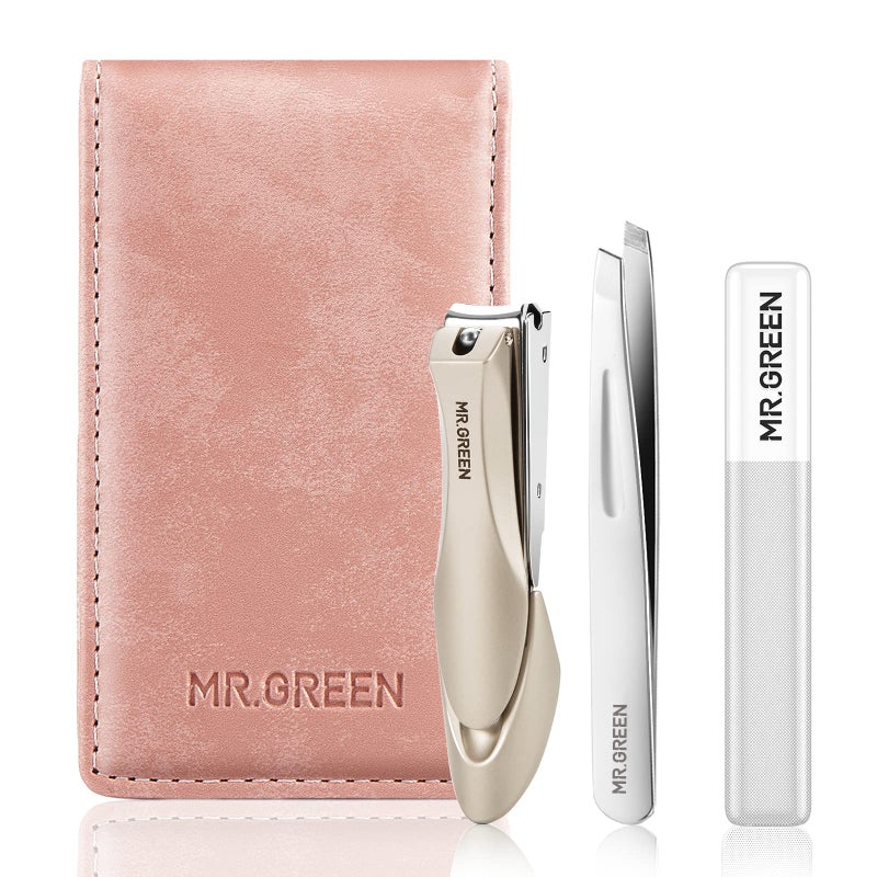 MrGreen MRGREEN Nail Clipper 3Pcs Set Stainless Steel Manicure Pedicure Set with Nail Clippers Glass Nail File Tweezers Medical Grade Grooming Kit with Travel Case Gift Box for Man Woman Pink 
