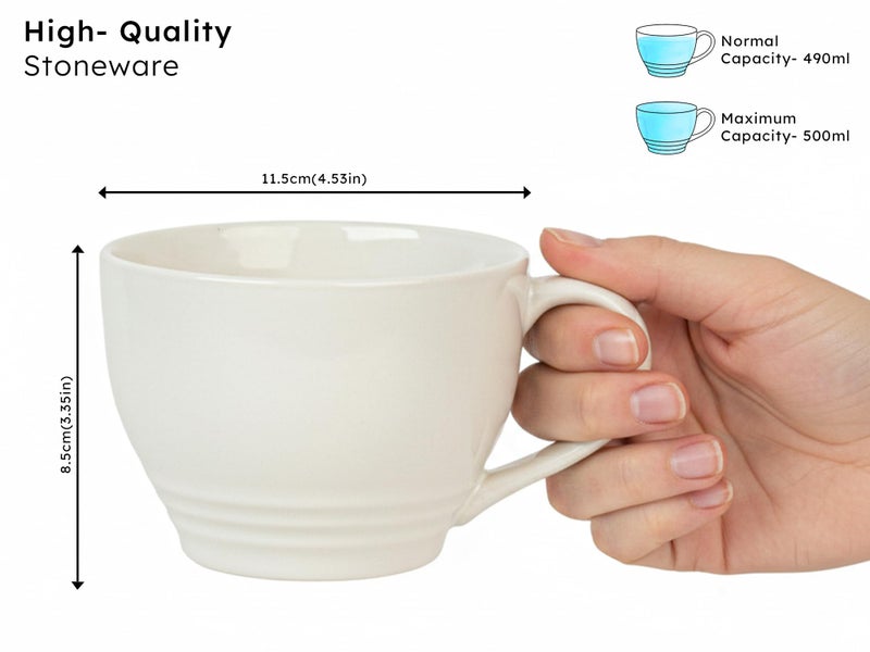 Bodhi House Large Ceramic Coffee Mug | Microwave & Dishwasher Safe | Bone-Ash Free Cappuccino Mug | Multi-Purpose Food Grade Latte Coffee Mug Ideal for Daily Use & Gifting (Pack of 2, 500ml | White) - Image 4