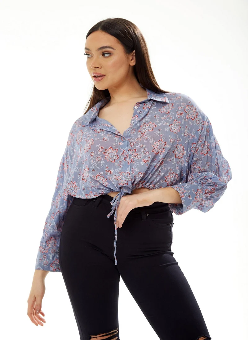 Liquorish Floral Print Crop Shirt Lilac
