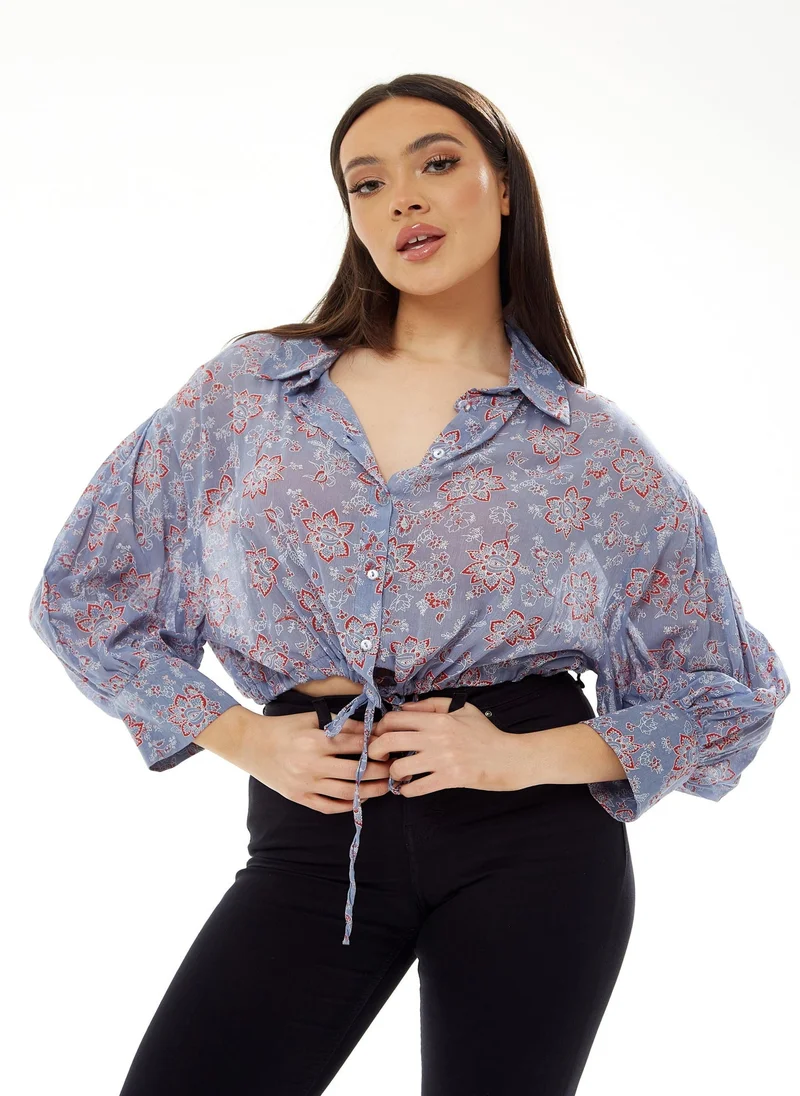 Liquorish Floral Print Crop Shirt Lilac