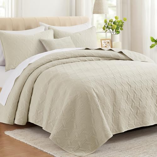 Lavsiry Beige King Size Quilt Bedding Set with Pillow Shams, Summer Lightweight Bedspread Coverlet, Soft Quilted Blanket Thin Comforter for All Seasons - Image 1