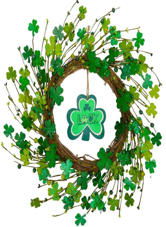 VGIA 20 inch St. Patrick's Day Shamrocks Wreath for Front Door Handmade St. Patrick's Day Decorations Glitter Clover Wooden Sign Home Wall Window - Image 1