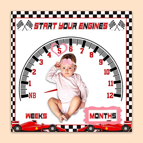 PHMOJEN Baby Monthly Milestone Blanket, Racing Car Speed Disc Check Flag Blanket for Nursery, Unisex for Newborn 1-12 Months, Includes 4 Frame and 1 Headband 47"x47" BTLSPH343 - Image 2
