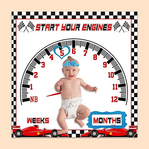 PHMOJEN Baby Monthly Milestone Blanket, Racing Car Speed Disc Check Flag Blanket for Nursery, Unisex for Newborn 1-12 Months, Includes 4 Frame and 1 Headband 47"x47" BTLSPH343 - Image 1