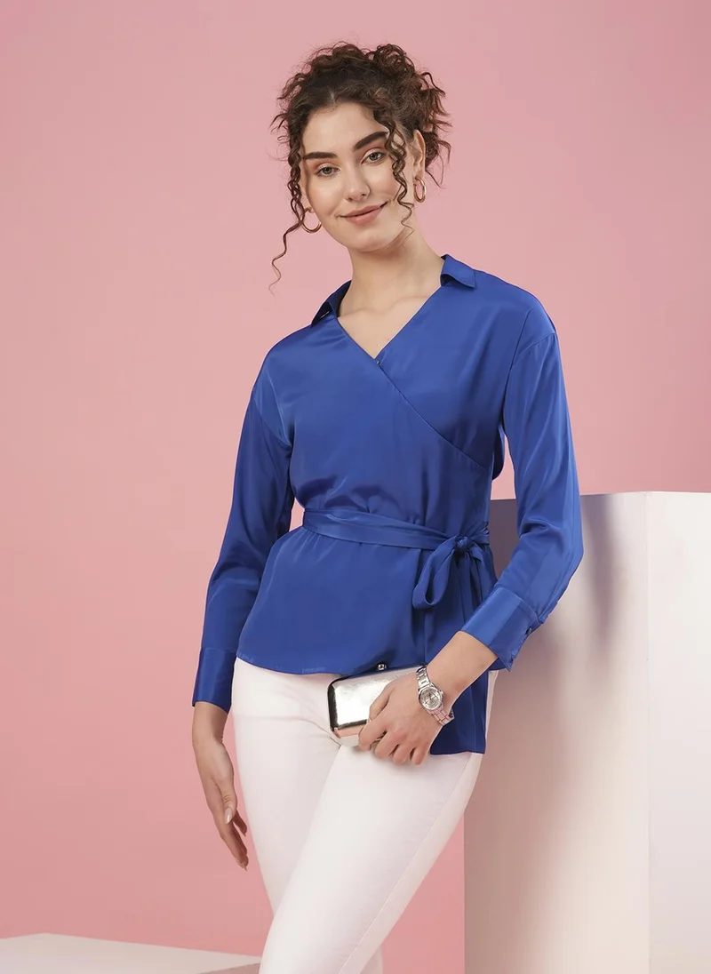 globus Globus Women Blue Cuffed Sleeves Crepe Wrap Top