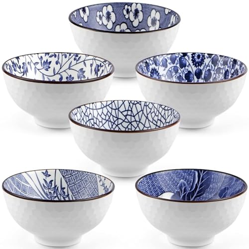 ONICORN Japanese Style Ceramic Bowls Set – 6-Piece Mixed Pattern Porcelain Bowls Blue & White Small Rice/Serving Bowls – Microwave & Dishwasher Safe – Gift Box Included (Blue and White, Pack of 6) - Image 5