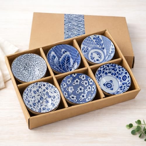 ONICORN Japanese Style Ceramic Bowls Set – 6-Piece Mixed Pattern Porcelain Bowls Blue & White Small Rice/Serving Bowls – Microwave & Dishwasher Safe – Gift Box Included (Blue and White, Pack of 6) - Image 1