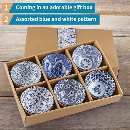 ONICORN Japanese Style Ceramic Bowls Set – 6-Piece Mixed Pattern Porcelain Bowls Blue & White Small Rice/Serving Bowls – Microwave & Dishwasher Safe – Gift Box Included (Blue and White, Pack of 6) - Image 3