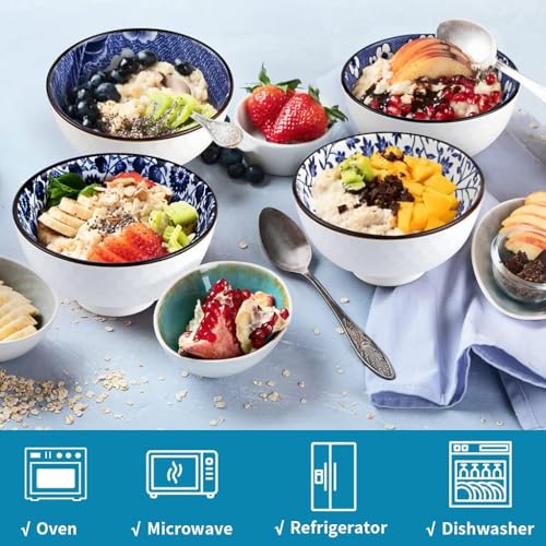 ONICORN Japanese Style Ceramic Bowls Set – 6-Piece Mixed Pattern Porcelain Bowls Blue & White Small Rice/Serving Bowls – Microwave & Dishwasher Safe – Gift Box Included (Blue and White, Pack of 6) - Image 2