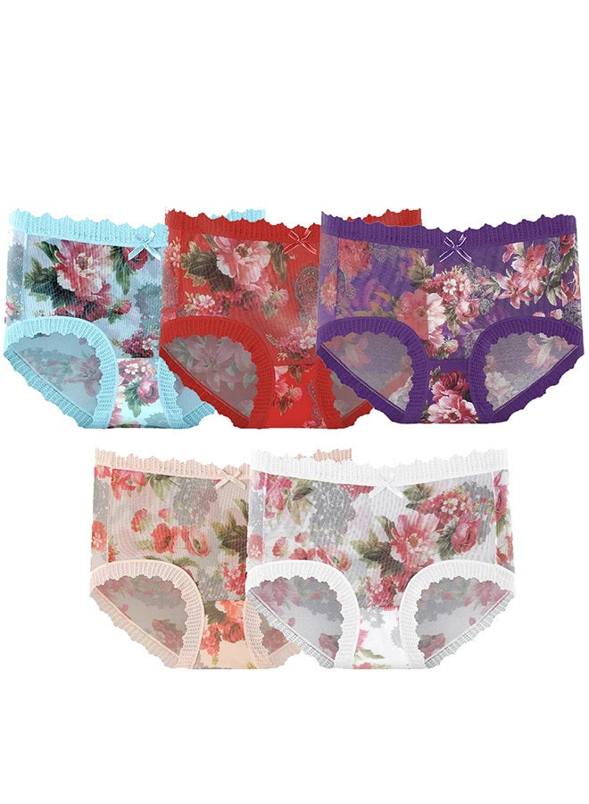 5 Packs Large Size Ultra-thin Panties Women Lace Briefs Ice Silk Mid-Waist Panties Female Lingerie Fashion Flower Print Seamless Underwear /L(waist 64-72/Weight 55~65kg)  - Image 2