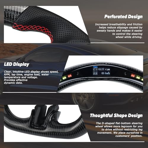 LOSCHEN Carbon Fiber Steering Wheel for Mustang EcoBoost/GT/Shelby GT350/GT350R 2015-2017, Real Carbon Fiber Nappa Perforated Leather, LED Display Shift Indicator Steering Wheel for Mustang 2015-2017 - Image 3