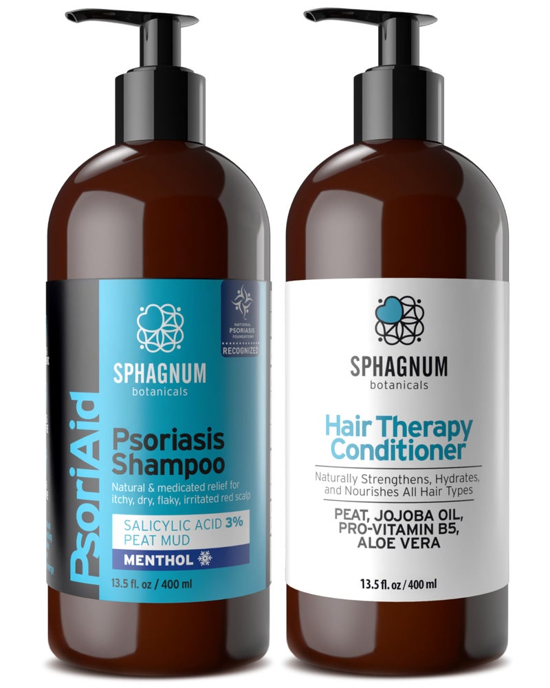 Sphagnum Botanicals Medicated Psoriasis Shampoo and Conditioner Set - Salicylic Acid 3% and Peat Mud Shampoo together with Jojoba Oil and Aloe Vera Condtioner. 2 x 8.45 fl. Oz - Image 1