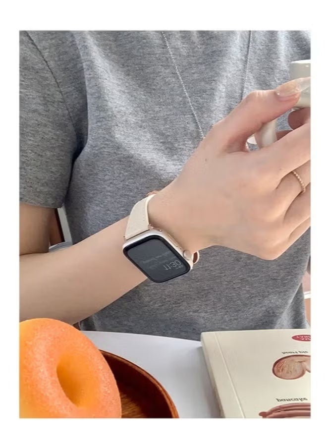 سوار ساعة Apple Watch من الجلد للنساء - سوار من الجلد الأصلي عالي الجودة، تصميم رفيع للغاية لمقاس 38/40/41 مم للسلسلة 1-10/SE/ULTRA 2، سوار معصم أبيض محايد - Image 2