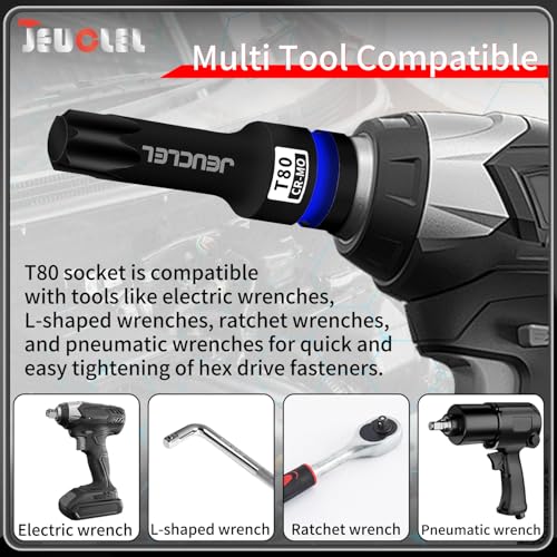 JEUCLEL T80 Torx Bit Socket, 1/2" Drive Torx Star 6 Point Impact Bit Socket, 3-Inch, Cr-Mo Steel, Screwdriver Adapter for Electric Ratchet Wrenches Fastening Screws Hand Repair - Image 5