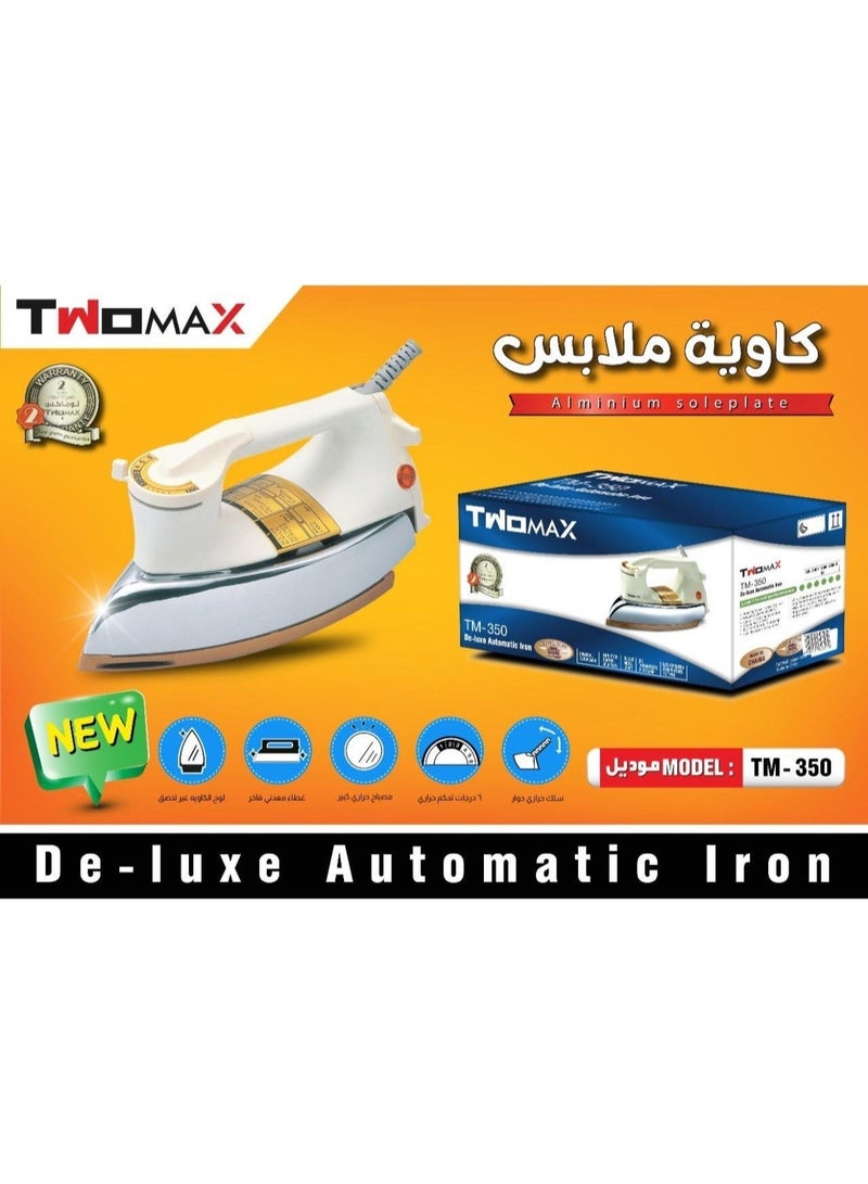 Twomax Electric Iron, Heavy Duty, 1200 Watts, Model TM-350 - White/Silver - Image 2