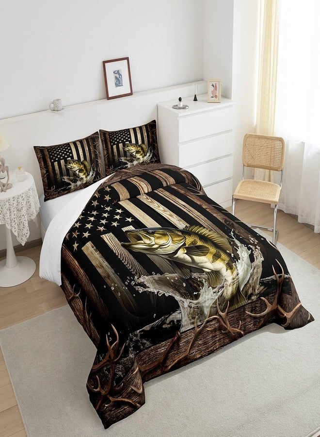 Homewish Vintage American Flag Comforter Set Twin Size,3D Bass Fish Bedding Set,Hunting Fishing Quilt Set for Kids Boys Teens Adult Room Decor,Rustic Farmhouse Wooden Striped Duvet Insert,Black Brown - Image 4