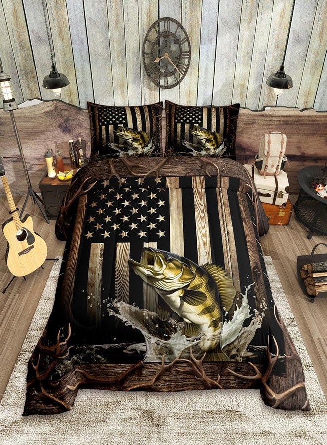 Homewish Vintage American Flag Comforter Set Twin Size,3D Bass Fish Bedding Set,Hunting Fishing Quilt Set for Kids Boys Teens Adult Room Decor,Rustic Farmhouse Wooden Striped Duvet Insert,Black Brown - Image 1