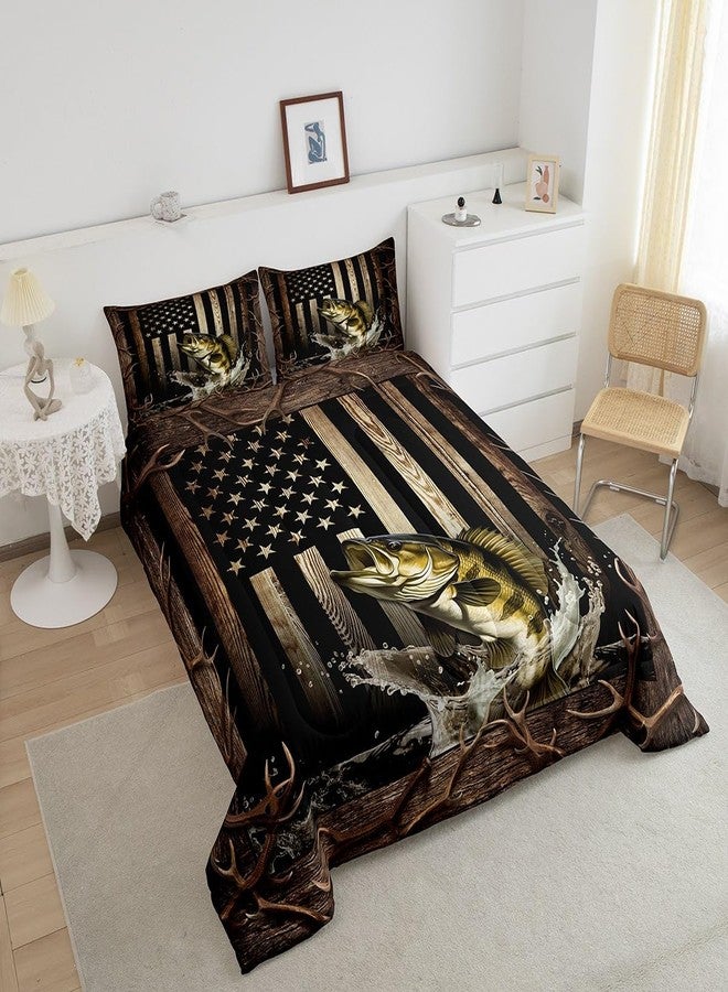 Homewish Vintage American Flag Comforter Set Twin Size,3D Bass Fish Bedding Set,Hunting Fishing Quilt Set for Kids Boys Teens Adult Room Decor,Rustic Farmhouse Wooden Striped Duvet Insert,Black Brown - Image 3