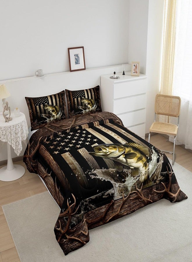 Homewish Vintage American Flag Comforter Set Twin Size,3D Bass Fish Bedding Set,Hunting Fishing Quilt Set for Kids Boys Teens Adult Room Decor,Rustic Farmhouse Wooden Striped Duvet Insert,Black Brown - Image 2