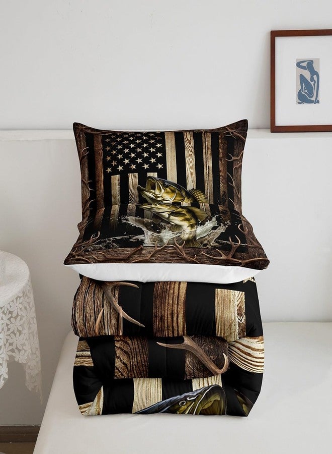 Homewish Vintage American Flag Comforter Set Twin Size,3D Bass Fish Bedding Set,Hunting Fishing Quilt Set for Kids Boys Teens Adult Room Decor,Rustic Farmhouse Wooden Striped Duvet Insert,Black Brown - Image 5