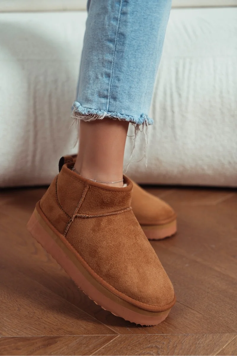 Nişantaşı Shoes Mini Brown Suede Thick Sole Women's Boots with Fur Inside