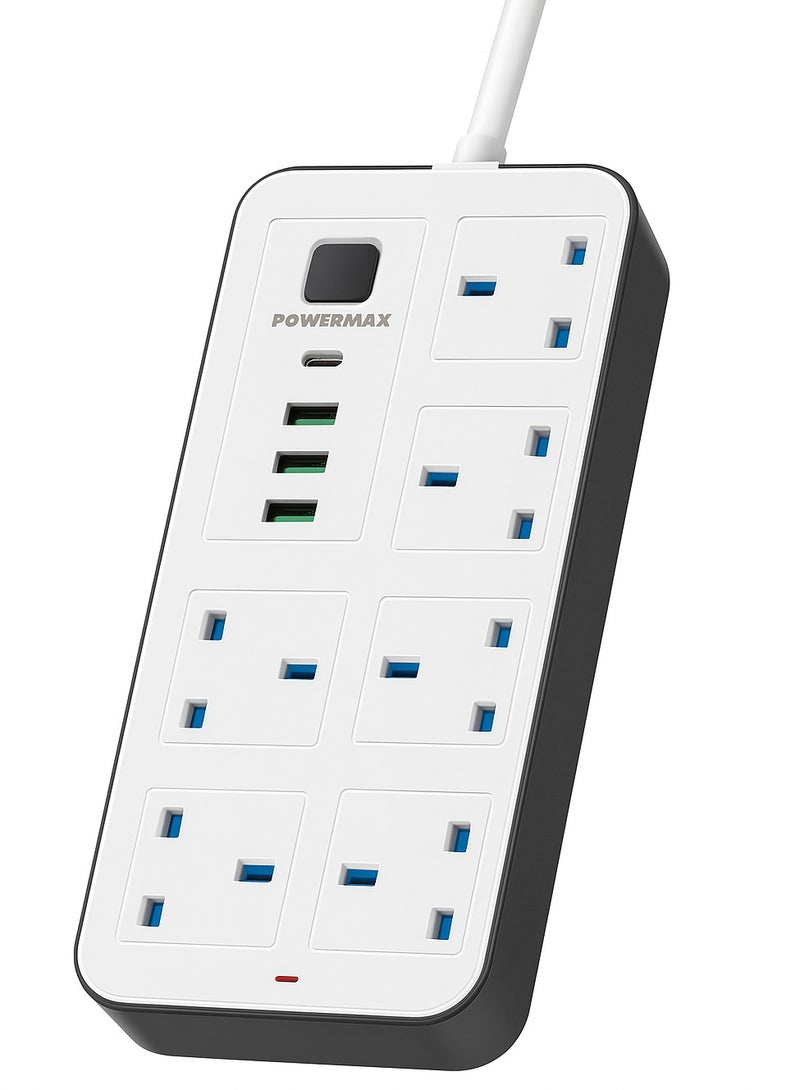 PowerMax Power Max Electrical Extension Strip with 6 Outlets and 3 USB Ports + PD, 5-Meter Cable – 2500W Capacity.