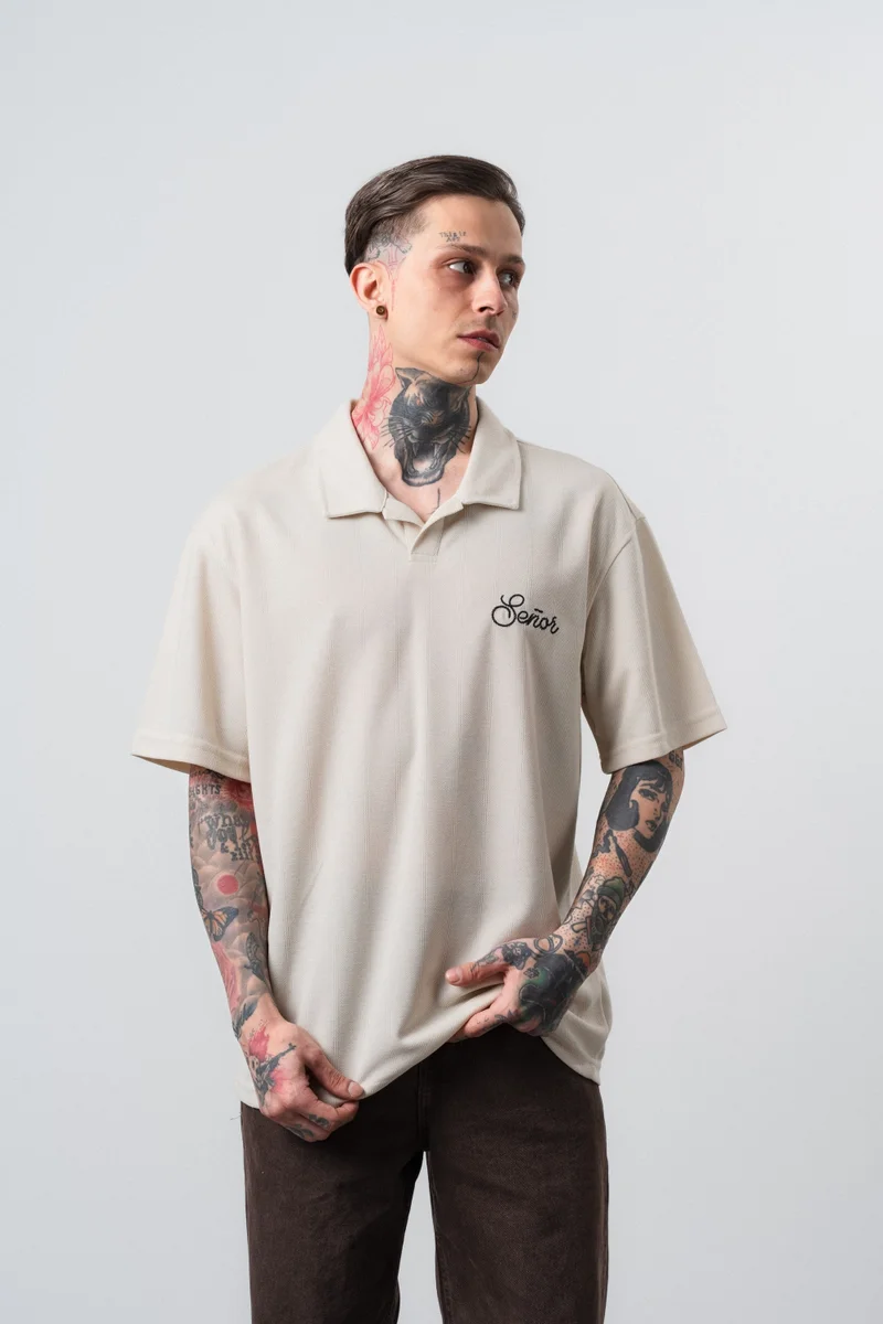 Respire Men's Senior Print Polo Collar Regular Fit T-Shirt, Beige