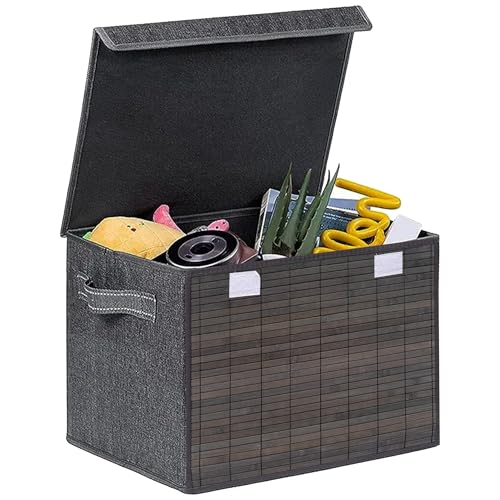 Prime Pick Smart Fold Storage Box Foldable Clothes Organizer Bamboo Front Lid Covered Breathable Washable Fabric Wardrobe Drawer Closet Home Storage Bin Easy Carry Handles Grey - Image 1