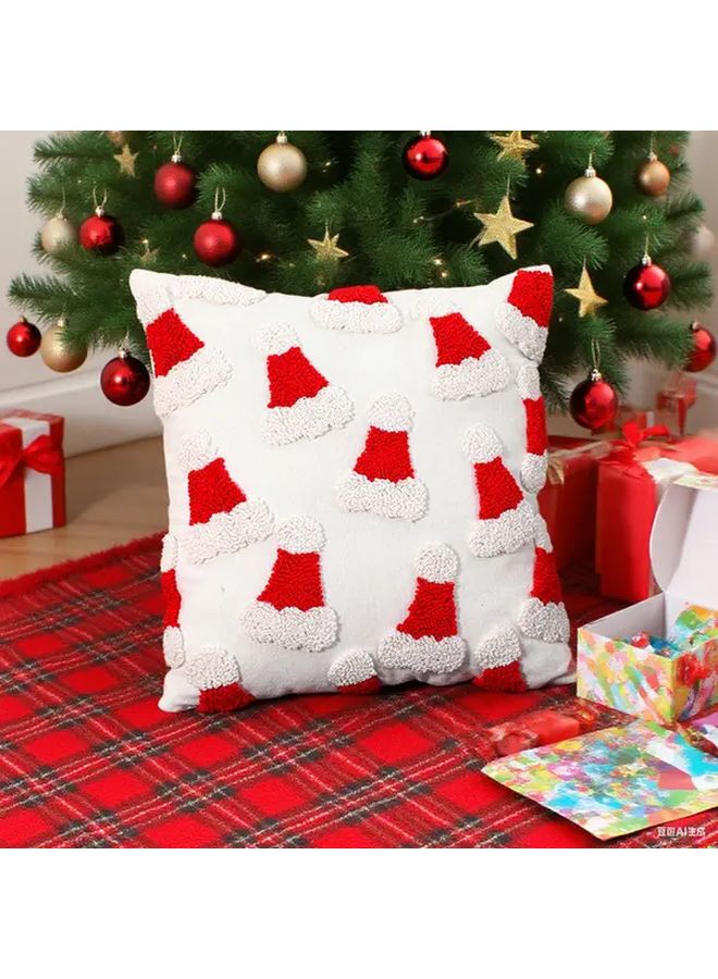 1pc Red And White Cane Christmas Hat Embroidered Pillow Cover 17 7x17 7 Inch Plush 3D Santa Claus Candy Cane Throw Pillow Case Festive Holiday Decor For Sofa Bed Room Seasonal Decoration Contemporary Style Tufted Design Machine Washable - Image 3