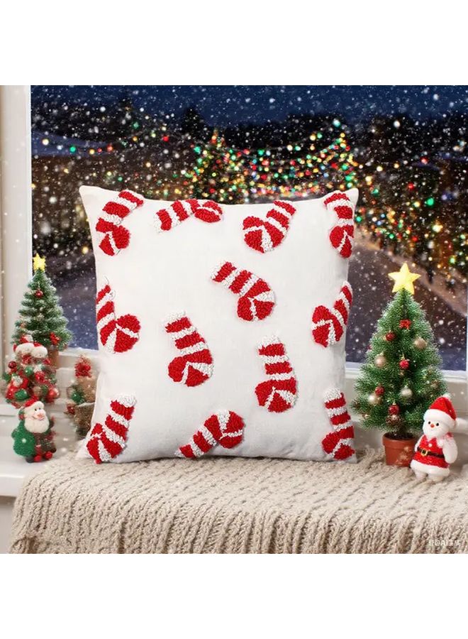 1pc Red And White Cane Christmas Hat Embroidered Pillow Cover 17 7x17 7 Inch Plush 3D Santa Claus Candy Cane Throw Pillow Case Festive Holiday Decor For Sofa Bed Room Seasonal Decoration Contemporary Style Tufted Design Machine Washable - Image 2