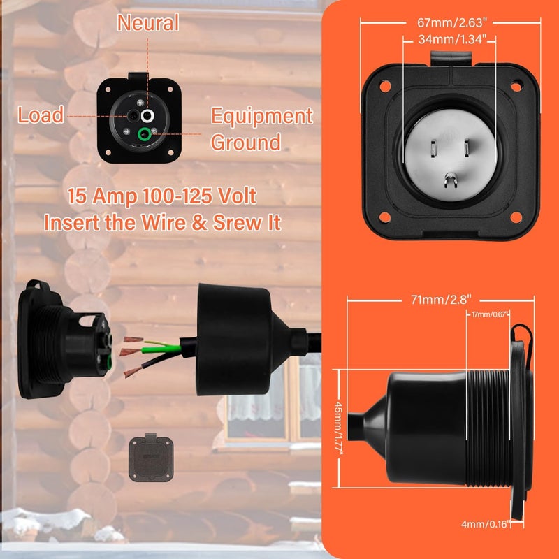 WELLUCK 15 Amp Flanged Inlet 125V, NEMA 5-15 RV Shore Power Inlet Plug w/Waterproof and Back Cover, 2 Pole 3-Wire AC Port Plug, Generator Male Receptacle for Marine Boat RV Shed Electrical Extension - Image 5
