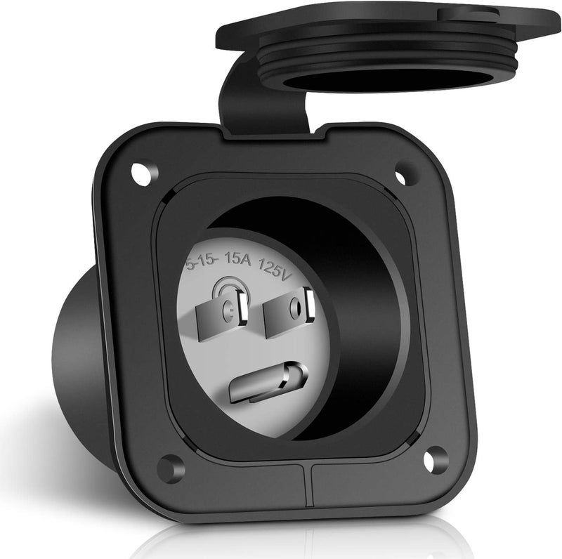 WELLUCK 15 Amp Flanged Inlet 125V, NEMA 5-15 RV Shore Power Inlet Plug w/Waterproof and Back Cover, 2 Pole 3-Wire AC Port Plug, Generator Male Receptacle for Marine Boat RV Shed Electrical Extension - Image 1