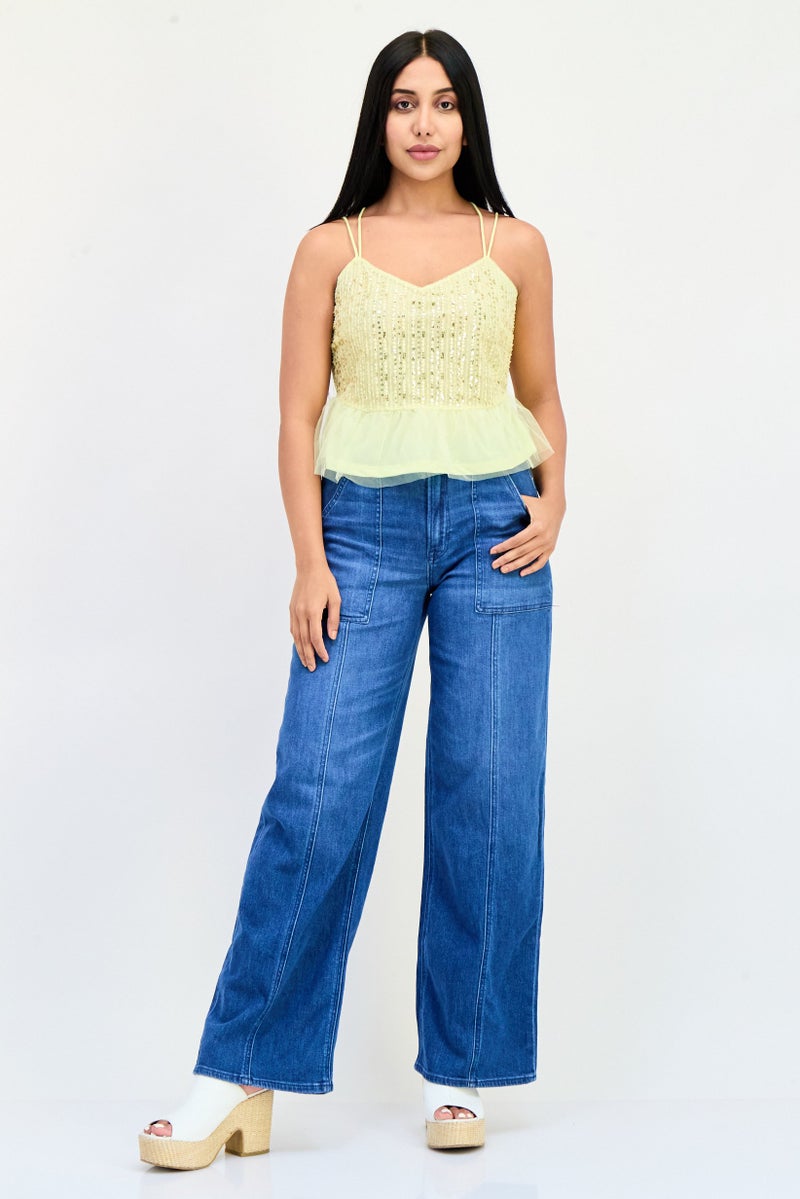 ONLY Women V-Neck Sleeveless Embellished Top, Yellow - Image 4