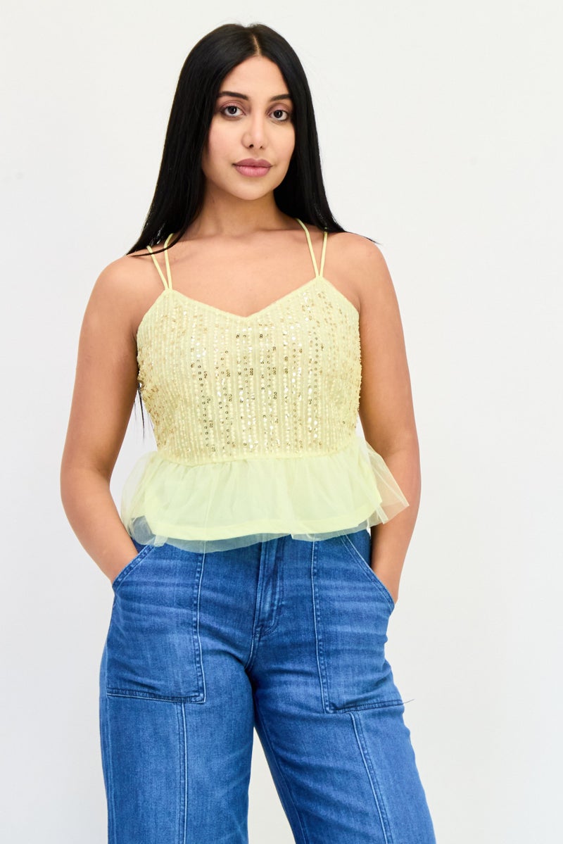 ONLY Women V-Neck Sleeveless Embellished Top, Yellow - Image 1