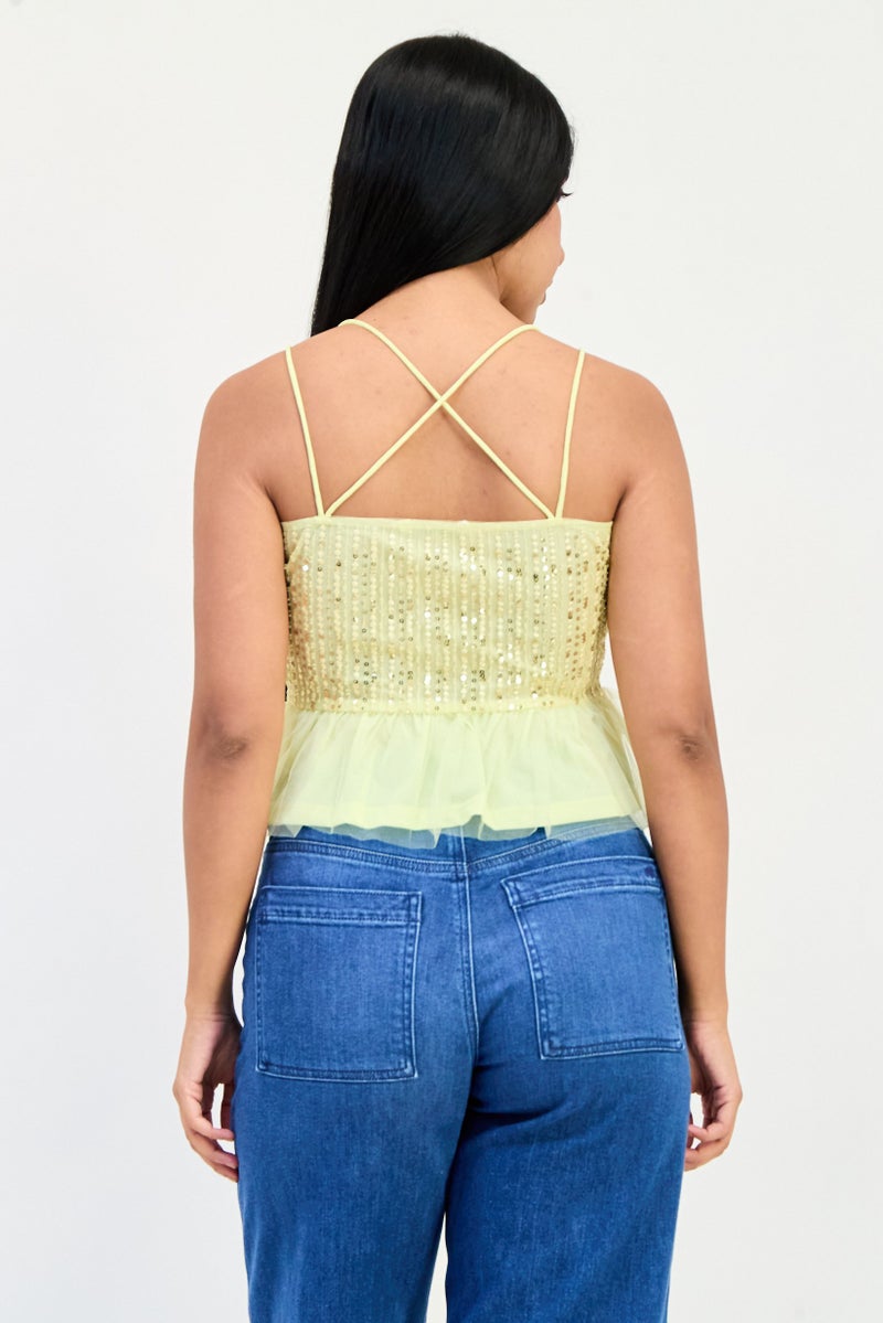 ONLY Women V-Neck Sleeveless Embellished Top, Yellow - Image 2