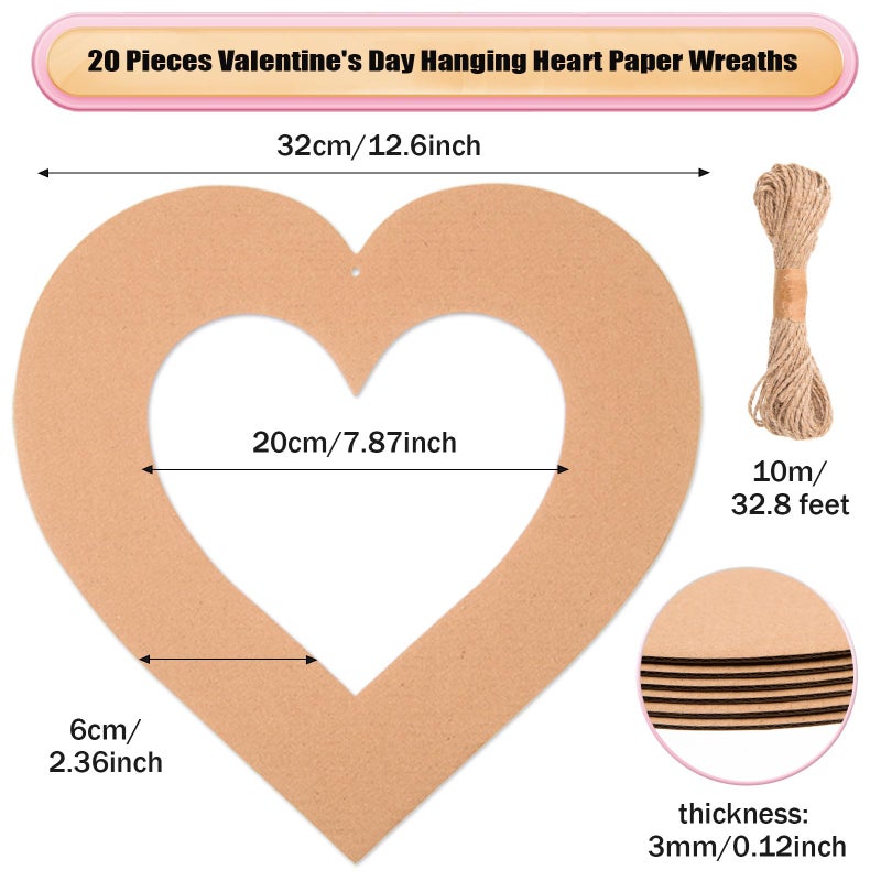 MixTeach 20 Pieces Valentine's Day Hanging Heart Wreaths Paper Large Heart Cardboard Wreath Hanging Ornaments Decorations with Hole Twine for Wedding DIY Craft Festival Valentine's Day Decoration - Image 2