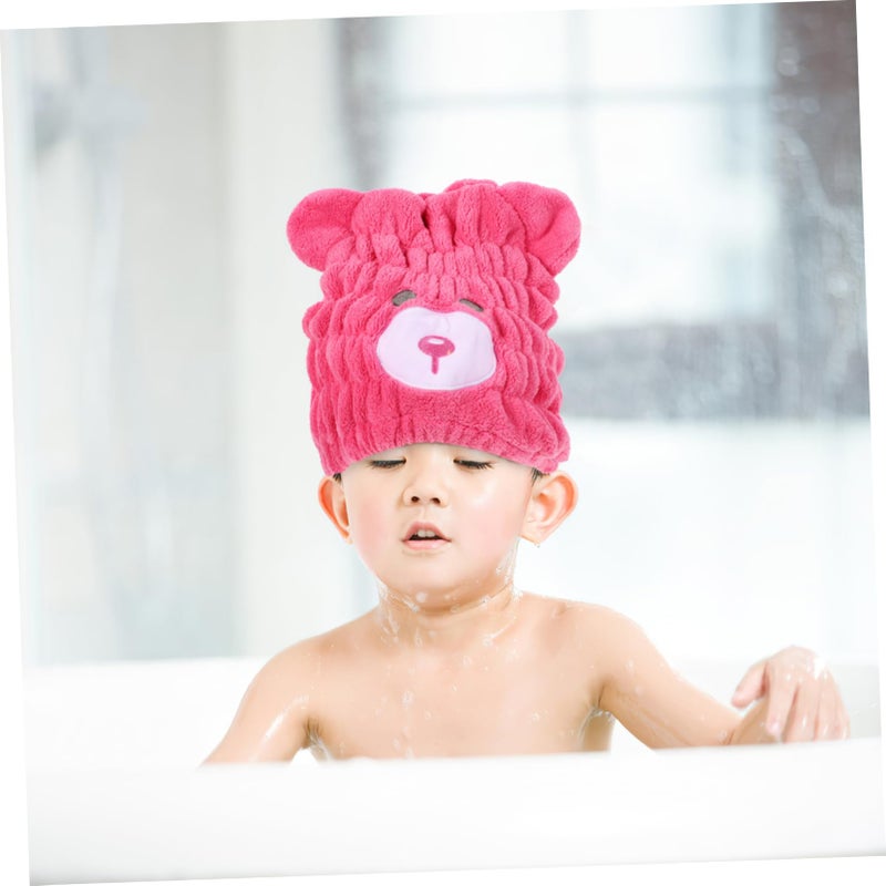 Quick Dry Hair Towel Wrap Coral Fleece Bear Design Soft Turban For Children Travel Rose Red - Image 4