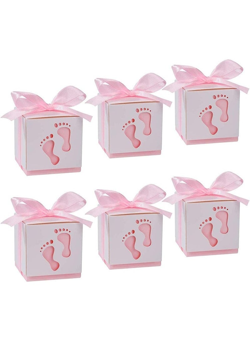 50 Pcs Gift Bags Candy Box 6 * 6 * 6cm Cute Creative Paper Boxes Hollow Design Baby Footprints Baby Showers, Birthday Party Favor, Wedding, Anniversary Supplies with Pink Ribbon (Pink) - Image 1