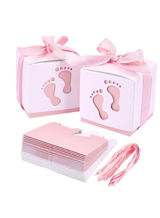 50 Pcs Gift Bags Candy Box 6 * 6 * 6cm Cute Creative Paper Boxes Hollow Design Baby Footprints Baby Showers, Birthday Party Favor, Wedding, Anniversary Supplies with Pink Ribbon (Pink) - Image 2