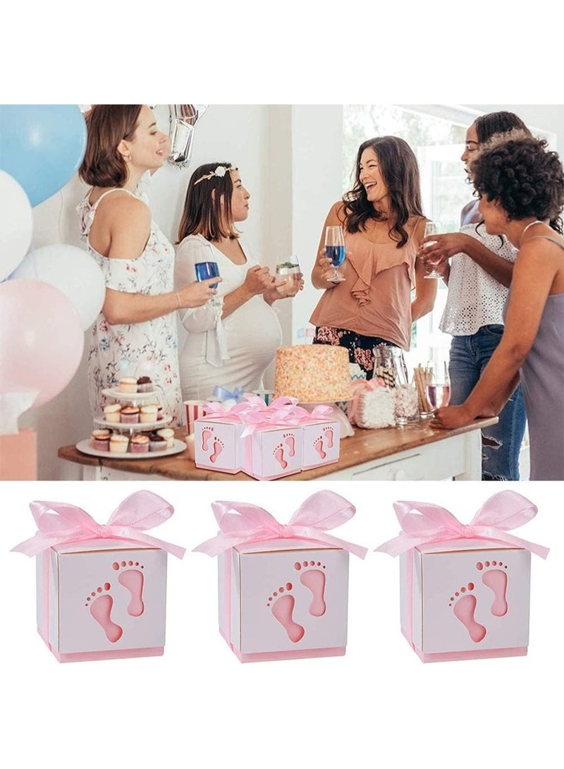 50 Pcs Gift Bags Candy Box 6 * 6 * 6cm Cute Creative Paper Boxes Hollow Design Baby Footprints Baby Showers, Birthday Party Favor, Wedding, Anniversary Supplies with Pink Ribbon (Pink) - Image 3