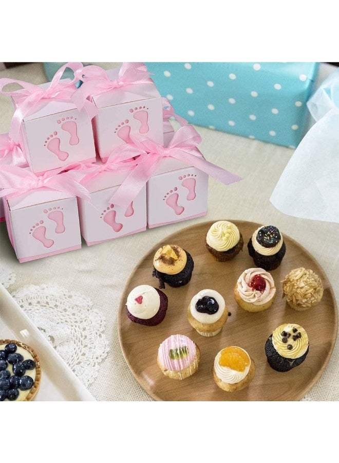 50 Pcs Gift Bags Candy Box 6 * 6 * 6cm Cute Creative Paper Boxes Hollow Design Baby Footprints Baby Showers, Birthday Party Favor, Wedding, Anniversary Supplies with Pink Ribbon (Pink) - Image 4