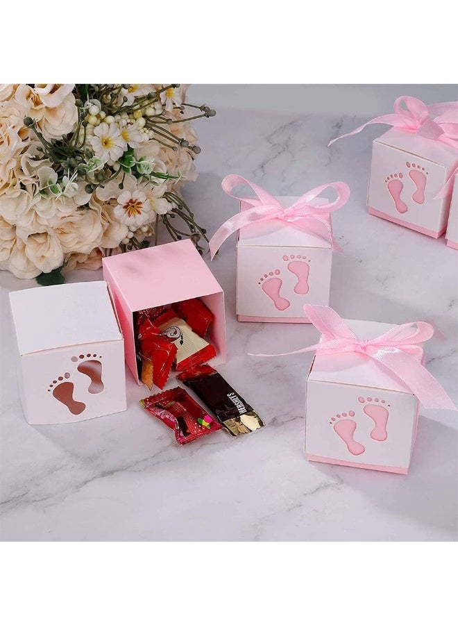 50 Pcs Gift Bags Candy Box 6 * 6 * 6cm Cute Creative Paper Boxes Hollow Design Baby Footprints Baby Showers, Birthday Party Favor, Wedding, Anniversary Supplies with Pink Ribbon (Pink) - Image 5