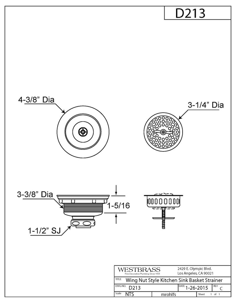 Westbrass غرببرس D213-12 3-1/2" صمولة جناح كبيرة على طراز التواء لمصفاة حوض المطبخ، برونز مصقول - Image 2