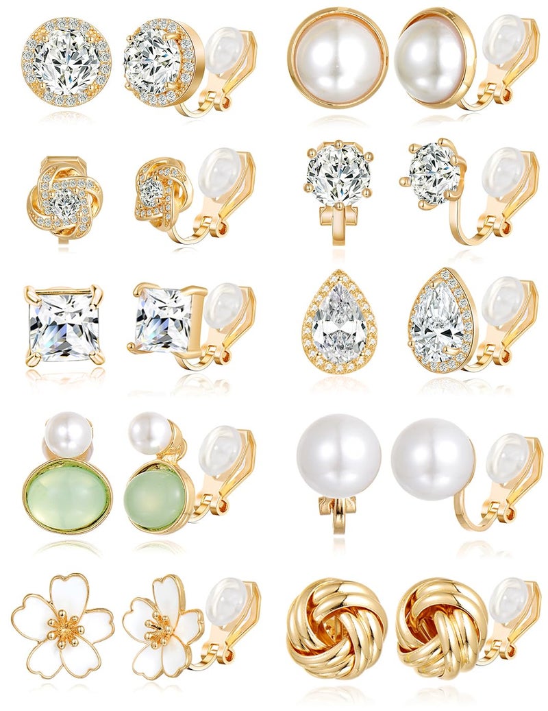 Tornito 10 Pairs Clip on Stud Earrings Non Pierced Teardrop Round Square CZ Pearl Twist Knot Flower Clip on Earrings for Women Gold Tone - Image 1