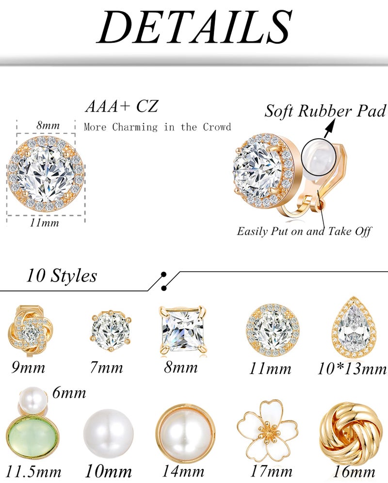 Tornito 10 Pairs Clip on Stud Earrings Non Pierced Teardrop Round Square CZ Pearl Twist Knot Flower Clip on Earrings for Women Gold Tone - Image 2