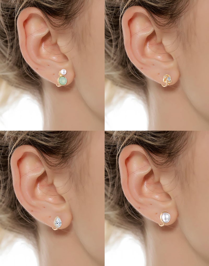 Tornito 10 Pairs Clip on Stud Earrings Non Pierced Teardrop Round Square CZ Pearl Twist Knot Flower Clip on Earrings for Women Gold Tone - Image 5