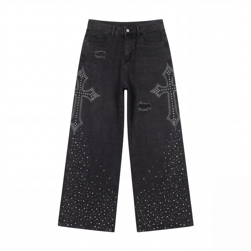 Men's Rhinestone Cross Distressed Jeans, Wide Leg Loose Fit - Image 5